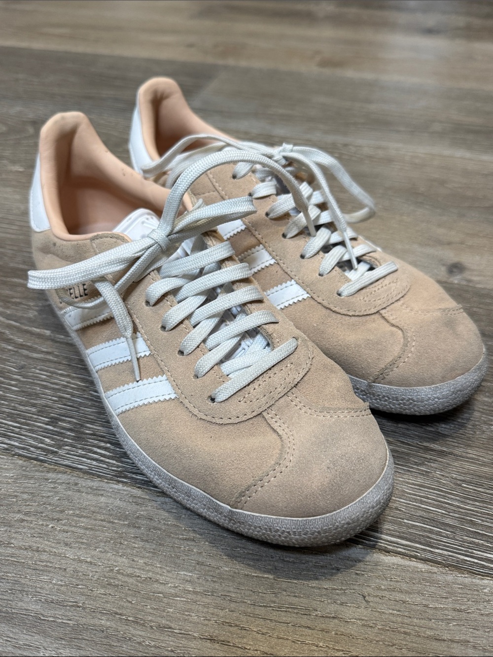 adidas Gazelle Pink Beige Suede Sneakers with White Stripes